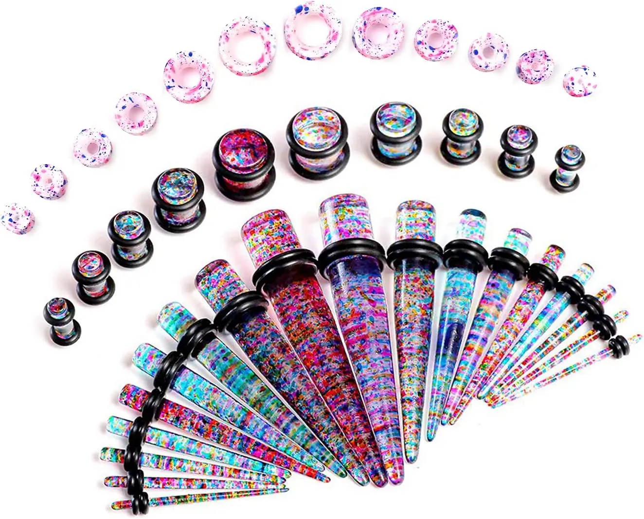 48pcs Ear Stretching Kit Set : Acrylic Tapers and Plugs with Double O-Ring & Soft Silicone Tunnels Ear Expander Gauges Stretcher Body Piercing Jewelry 14g-00g
