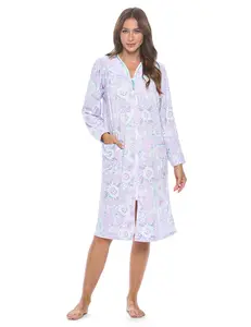 Casual Nights Women's Soft Comfortable Loose Long Sleeve Velour Zipper Robe - Modest Nightwear Housecoat with Pockets, Loungewear Duster for Hospital Use