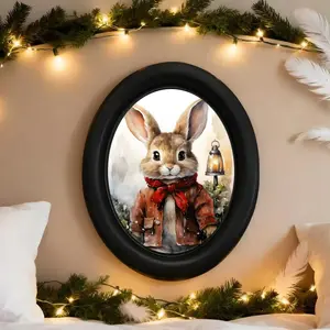 Vintage Christmas Bunny Wall Art, Gothic Holiday Decoration, Handmade Photo Print 3D Oval Decor, Perfect for Halloween, Christmas & Thanksgiving Parties