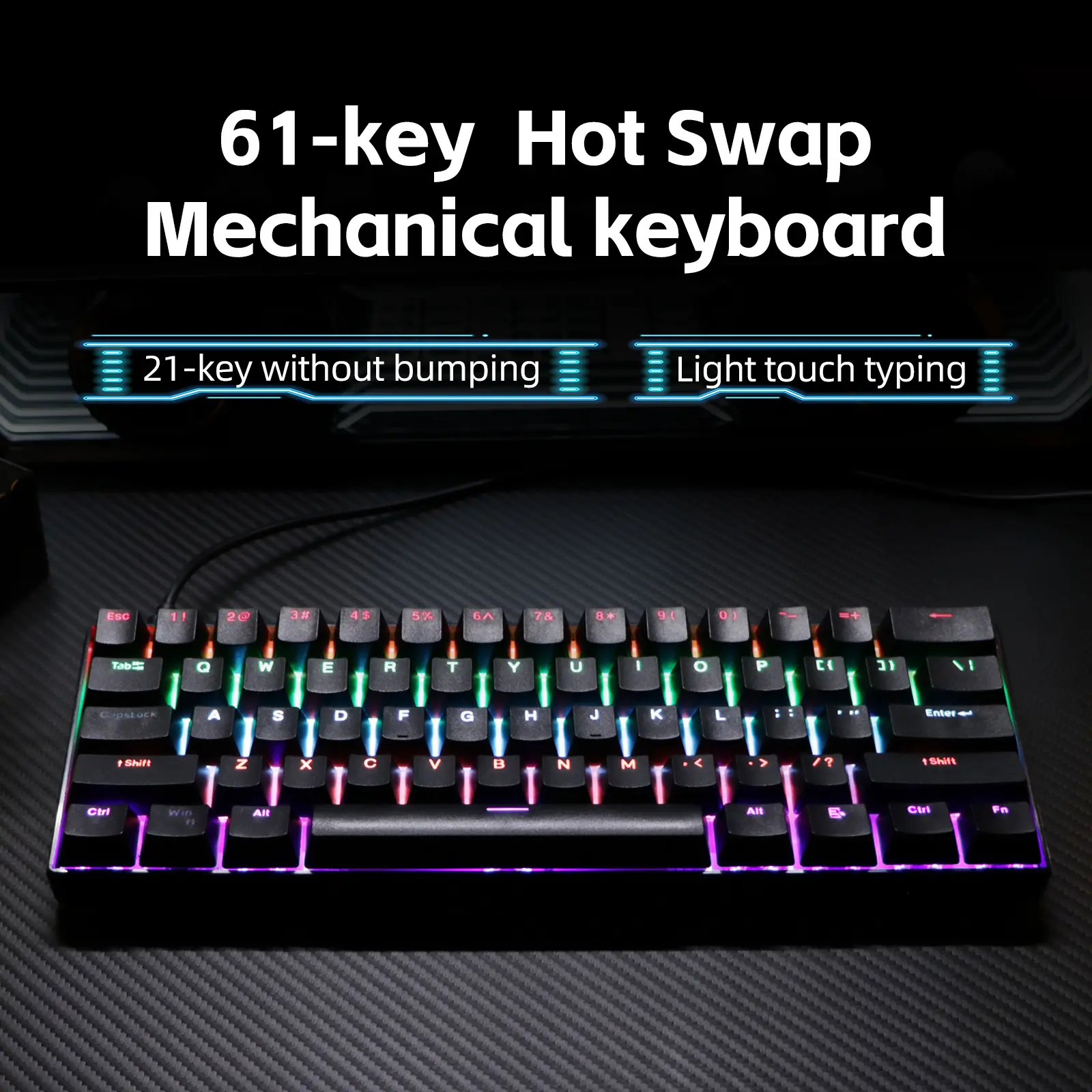 61-Key 60% Mechanical Gaming Keyboard, Compact WiredKeyboard with Red/Blue Switches, USB-C Connection forPC, Laptop & Desktop RGB percent