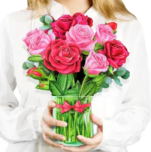 Gifts Card, 3D Pop Up Paper Flowers Bouquet 12’‘ with Note & Envelope, Birthday, Get Well, Teacher Appreciation Gifts, Anniversary, Wedding Gifts Cards for Women Wife Mom, Red Rose