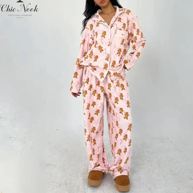 Women‘s Christmas Pajamas Long Sleeve Button Down Sleepwear Holiday Matching Pjs Comfy Long Pants Lounge Set