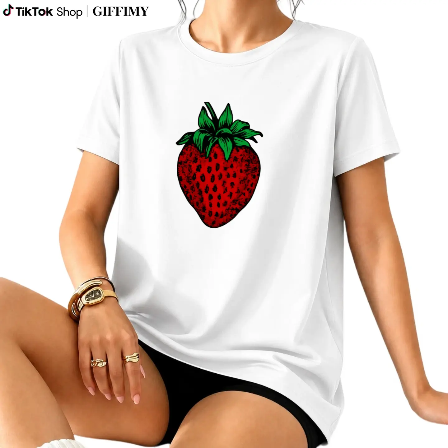 Women's Strawberry Print T-Shirt - Short Sleeve Round Neck Top with Red & Green Strawberry Suitable for Spring Summer Fall, Comfortable Casual Blouse, Machine Washable Daily Wear & Fun Outfits Cotton Fabric
