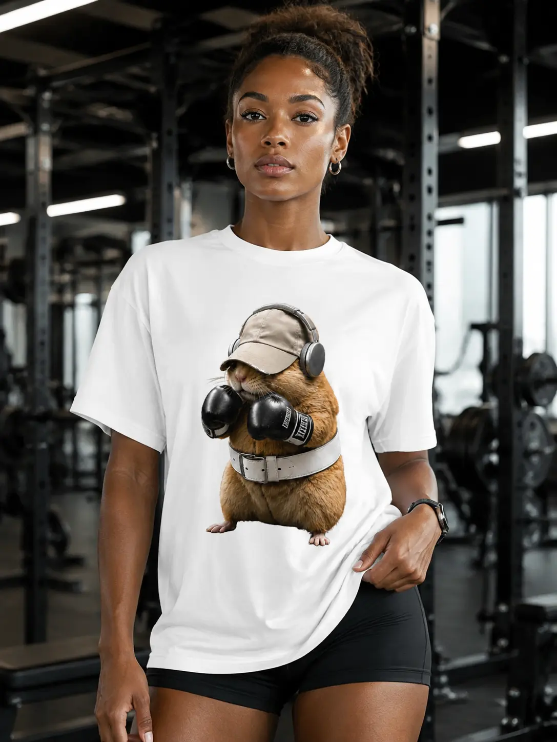 ADDICTIVEF unny Boxing Hamster T-Shirt | Unisex Graphic Tee, Headphone Gym Rat Shirt, Cool & Quirky Streetwear Top for Men & Women