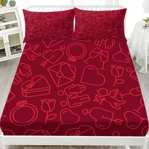 3pcs Bedding Set (1 Fitted Sheet + 2 Pillowcases), Valentine Heart Pattern, Breathable Polyester Fiber, All Seasons