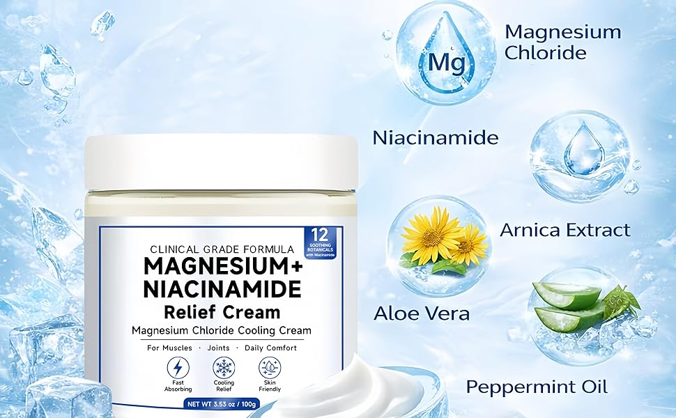 Magnesium Niacinamide Relief Cream - Magnesium Cream for Joints, Leg, Foot, 12 Ingredients for Relief, Fast Acting Cooling Formula, Lightweight, Non-greasy -1PC