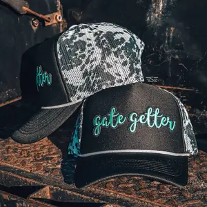 Women's Country Western Cowgirl Gate Getter  Mesh Trucker Cap - Black Cow Print Turquoise