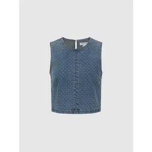URBAN REVIVO 2026 Summer Sleeveless Fitted Ripped Polka Dot Round Neck Cropped Denim Blouse for Ladies - Polyester-Cotton Fabric, Women's Top, UYL860084