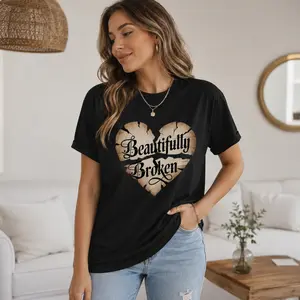 "Beautifully Broken" Gentle Self-Reflection Graphic Tee Vintage Cracked Heart "Beautifully Broken" Casual Shirt Warm Tone "Beautifully Broken" Crew Neck Reflective & Gentle "Beautifully Broken" Everyday Wear Top