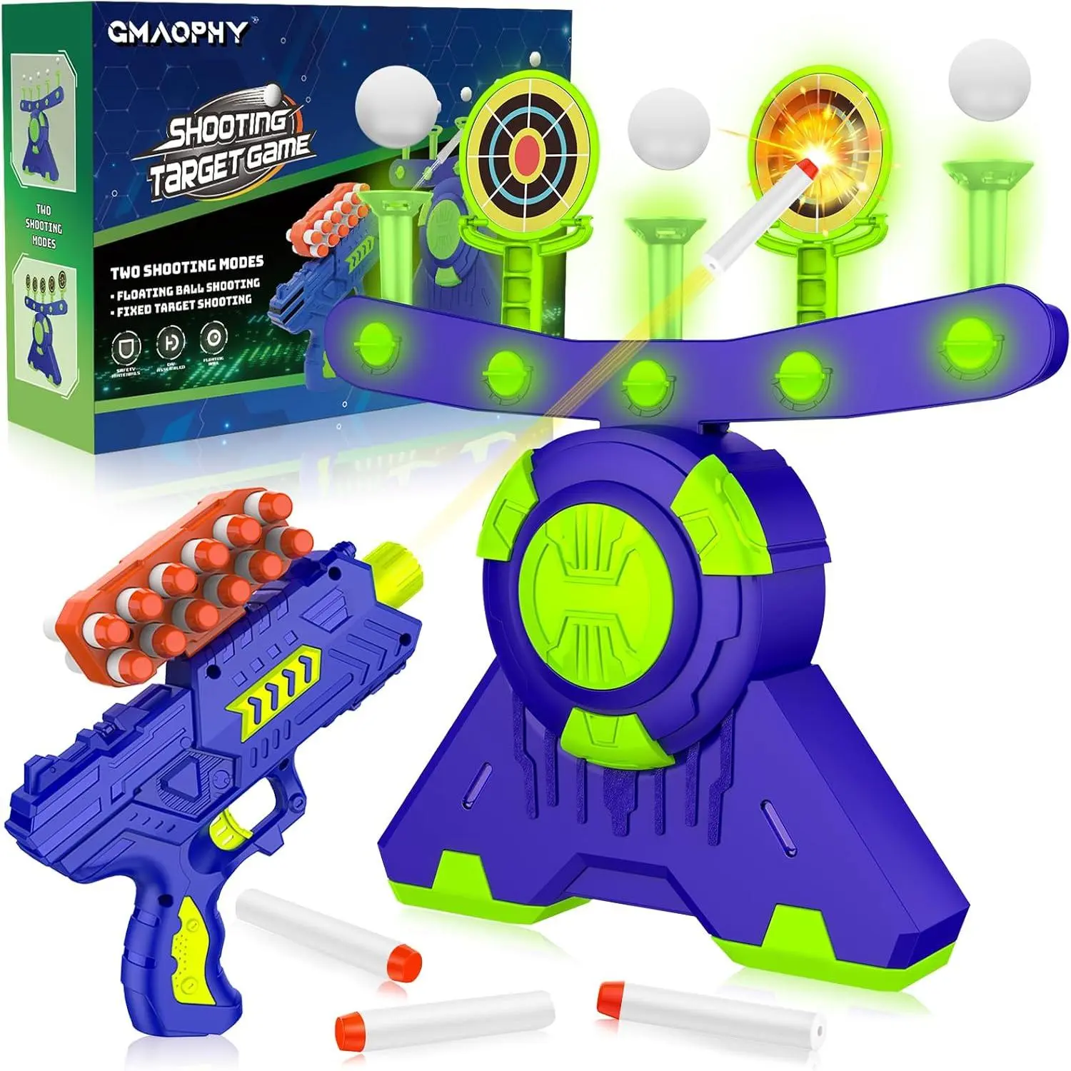 Shooting Games Toy Gift for Age 5, 6, 7, 8, 9, 10+ Years Old Kids, Glow in The Dark Boy Gift Floating Ball Targets with Foam Dart Toy Blaster, 10 Balls 5 Targets