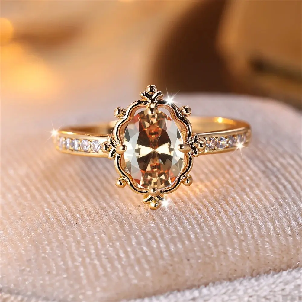 Women's Gold-Tone Vintage Fashion Ring, Luxury Look Champagne Zircon Oval Cut Egg Shape Stone, Wedding & Engagement Costume Jewelry