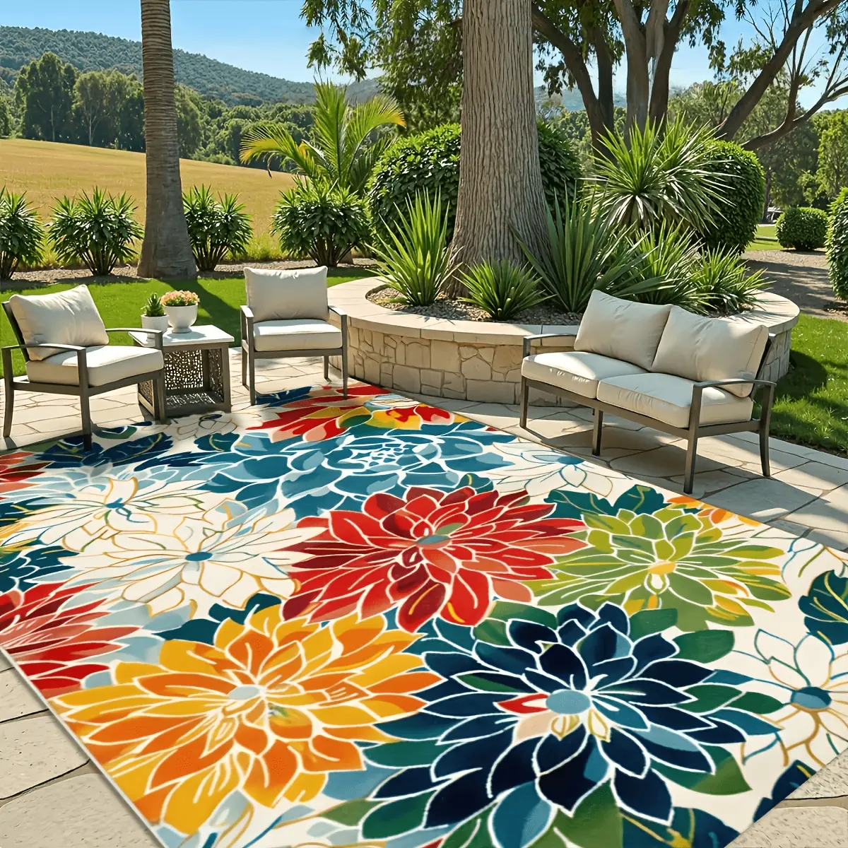 Rectangular outdoor rug/mat with a faux layered floral cluster pattern; terrace carpet; courtyard lounge mat; entryway doormat; balcony leisure mat; easy-to-maintain, soft and comfortable; versatile for commercial use.