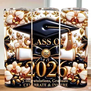 Class Of 2026 Graduate 3D 20 oz Tumbler - BPA Free, stainless steel, Leak proof, durable, with clear lid