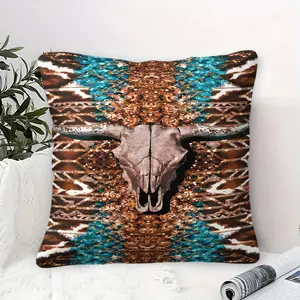 Weathered Bull Skull Tribal Design Throw Pillow with Digital Print, Contains Pillow Core, Square Seat Cushion, 45cm Square Cushion Featuring Curved Horns and Earthy Tones, Intricate Geometric Patterns, Southwestern Decor for Home and Sofa
