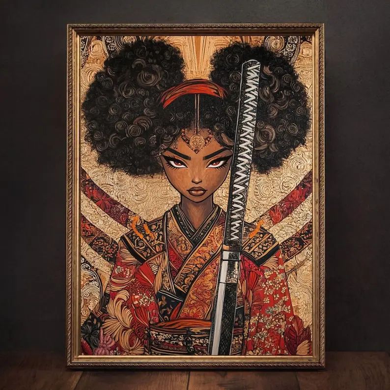 Afro Samurai Wall Art Print, Black Anime Art Poster, Fantasy Black Girl Art