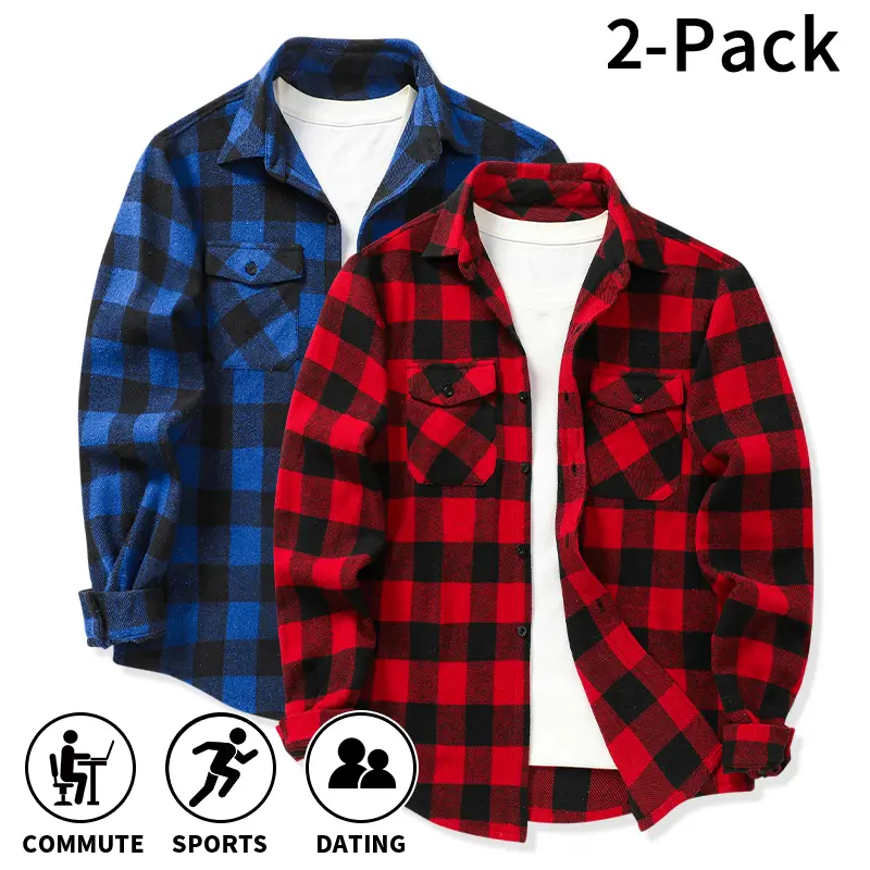 Men’s vintage plaid shirt, casual long-sleeve lapel button-up top with two pockets, loose fit, suitable for layering as outerwear