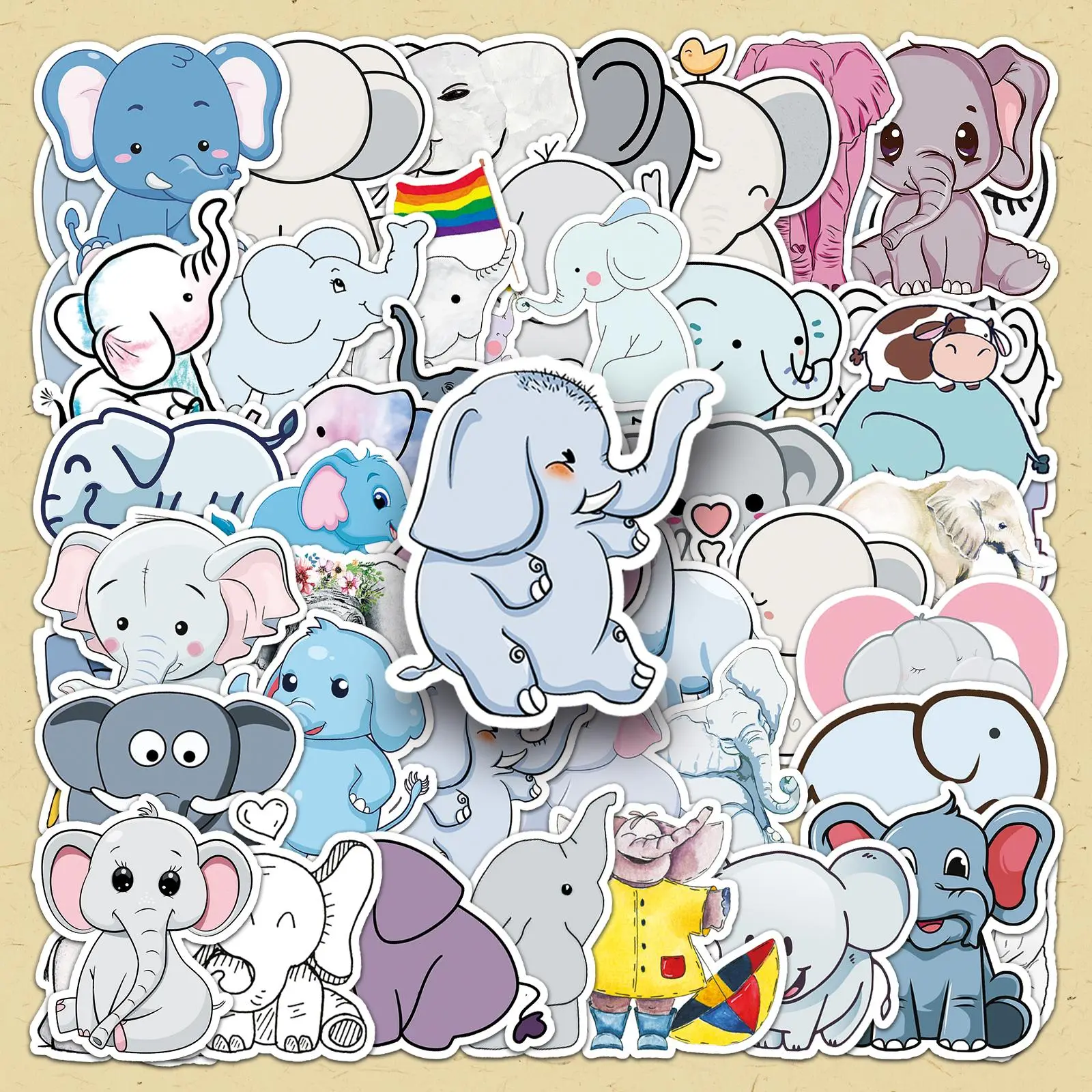 Cute Cartoon Elephant Pattern Sticker, 50pcs/set Self Adhesive Decorative Stickers, DIY Decals for Water Bottle, Laptop, Phone Case, Scrapbooking, Journal Making