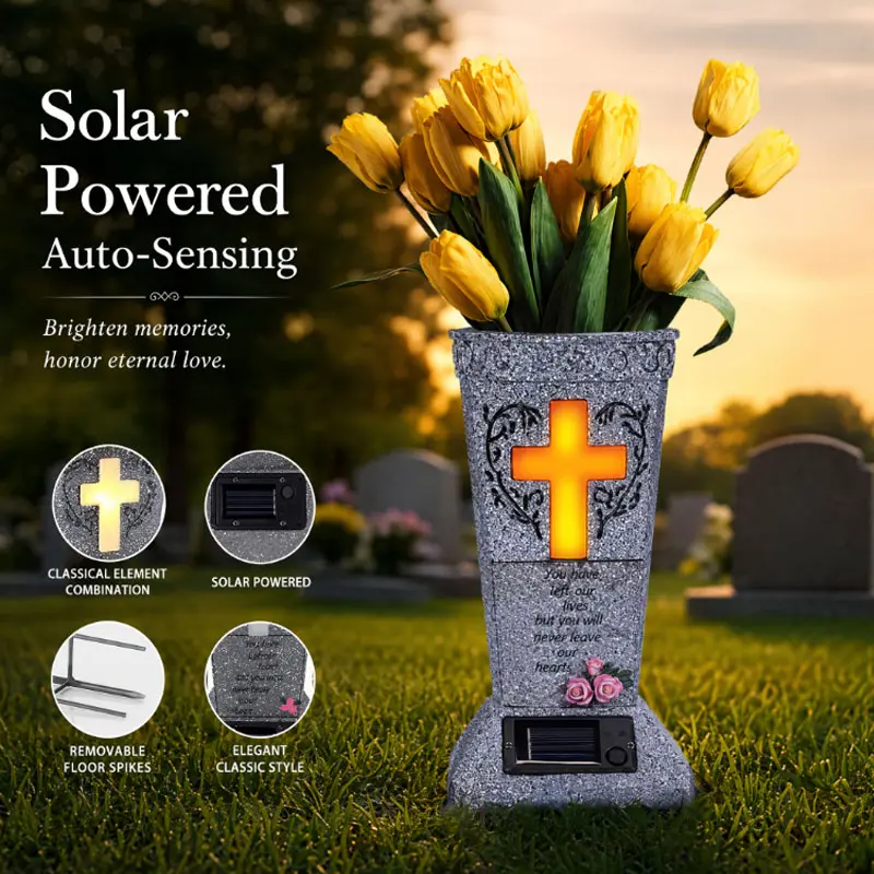 Classic Waterproof Solar Cemetery Vase with LED Light - Grave Decorations for Loved Ones