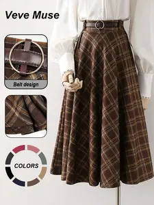 Women's Retro Plaid High-Waist, office skirt, versatile plaid skirt, British style, Chic, Elegant, Casual Midi Skirt, All-season Wear Ladies Bottoms, Perfect for Daily Outfit