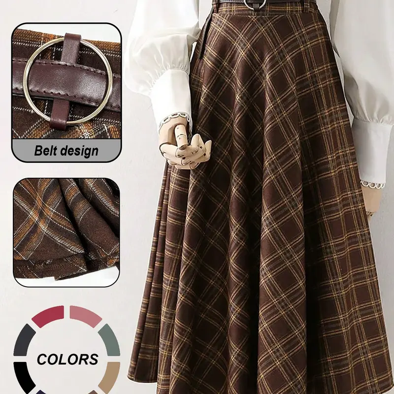 Women's Retro Plaid High-Waist, office skirt, versatile plaid skirt, British style, Chic, Elegant, Casual Midi Skirt, All-season Wear, Everyday, Perfect for Daily Outfit, Vintage Pattern Skirt
