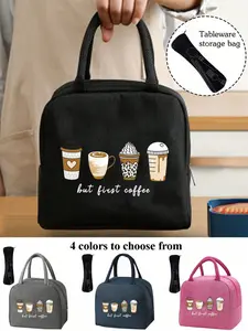 Large Capacity Four Cups of Coffee Pattern Portable Lunch Bag with Cutlery Storage, Versatile Food Warmer for School Office Travel, Ideal Picnic Camping Lunch Box for Everyone