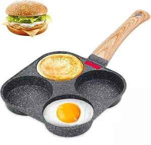 Non-stick Egg Frying Pan, 4 Holes Skillet With Handle, Multifunctional, Wooden Handle Medical Stone Omelet Non-stick Cookware frying pan，(Product does not include pot lid and shovel) Product quality benchmarking offline supermarket