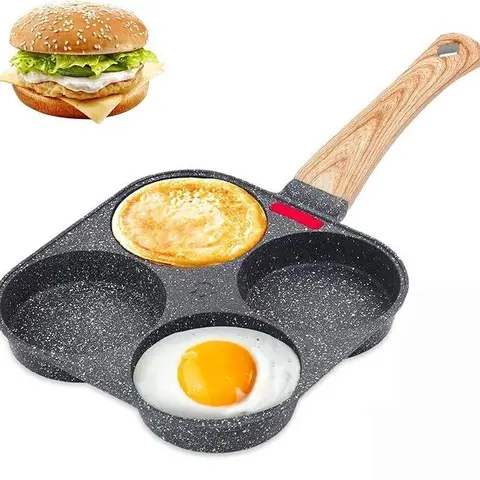 Yanosaku nonstick egg pan — four-hole flat pan with handle, multifunctional wooden handle, medical-grade stone nonstick pan/griddle Omelettepan Durable Cookware