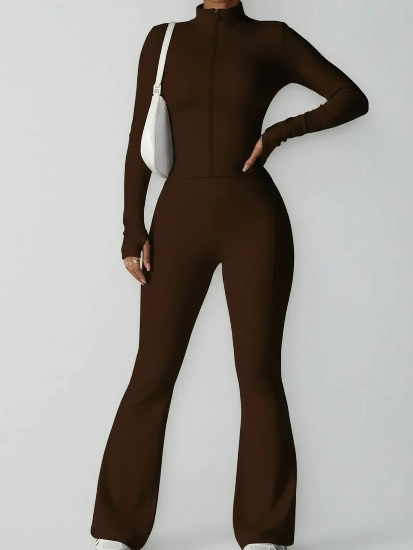 Women's autumn and winter solid color long-sleeved zipper sports suit slim-fit yoga suit high waist activewear tight outdoor running sports fitness clothes Solid Tracksuit Set Sports Wear Set