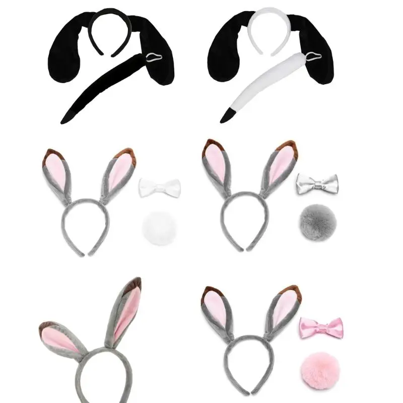Rabbit Ears Headband Plush Bunny Ear Dog Ears and Tail for Kids and Adults