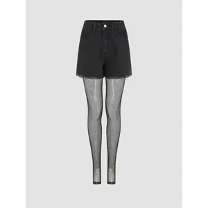 Cider [size 0-10] Denim Mid Waist Mini Shorts With Fishnet Tights