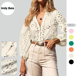 Imily Bela Women's Elegant Minimalist Deep V-Neck Collared Eyelet Blouse, 3/4 Balloon Sleeves, Button-Down, Hollow Out, Fall Womenswear Top