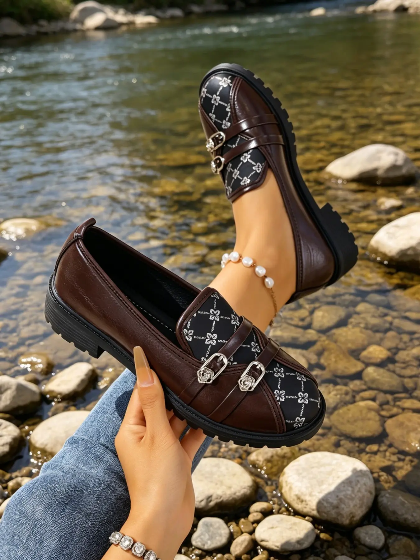 Women's Printed Chunky Loafers, Metal Buckle Slip-On Shoes, Round Toe Lug Sole, Fashion Casual Work Shoes, Casual Flat Shoes, Footwear