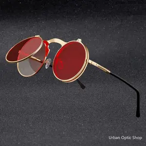 Vintage Steampunk Flip Sunglasses Retro Round Metal Sun Glasses for Men and Women Brand Designer Circle Oculos
