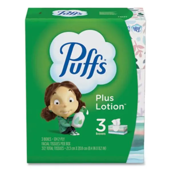 Puffs Plus Lotion 2-Ply White Facial Tissue Towel Set, 8.2" x 8.4" Fluffy Eco-Friendly Comfortable Nasal Relief Home & Bathroom Supplies, Pack of 3