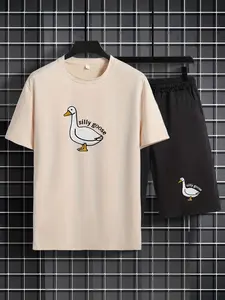 Men's Cartoon Duck & Letter Graphic Print Drawstring Two-Piece Set, Regular Fit Trendy Short Sleeve T-shirt & Pocket Shorts, Summer Outfits 2024, Men's Outfits for Summer