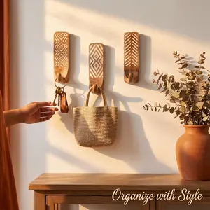 Boho Hand Carved Wooden Wall Hooks, 3 Pack Rustic Geometric Pattern, Wall Mounted Hooks for Coats, Bags, Towels, Keys