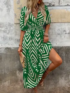 Women's Long Colorblock Striped Dress, Casual Midi Dress with Split Thigh, Short Sleeve Fitted Design for Beach Daily Wear, Everyday, Summer