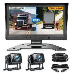 ConewVehicle 2CH AHD Camera Wired Backup Camera System Dash Cam for Truck/RV/Trailer/Bus/Tractor 10.1" Monitor Loop Recording BSD system Split Screen 1080P Rear View & 2 Side View Camera Night Vision IP69 Waterproof