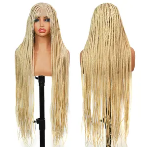 #613 Blonde 36" Braided Wig YMSGIRL Full Lace With Special Top Design Lightweight Natural Blonde Color Soft High-Quality Synthetic Fiber