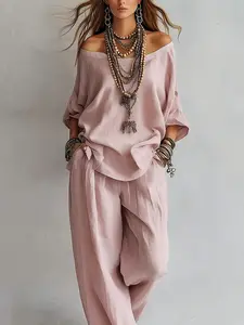 2026 New Summer Casual Set with Loose Linen Three-Quarter Sleeve Top And Wide-Leg Pants in European And American Style, Two-Piece Outfit Inspired by Old Money Fashion