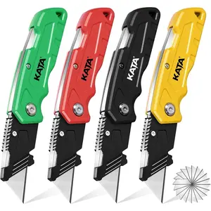 Folding Box Cutter Knives: 4-Pack Heavy Duty Utility Knife Pocket Box Cutter - Extra 20pcs Razor Blades Plastic Cardboard Opener Safey Knives - Gifts for Men Cutting Cartons, Leather, Rope