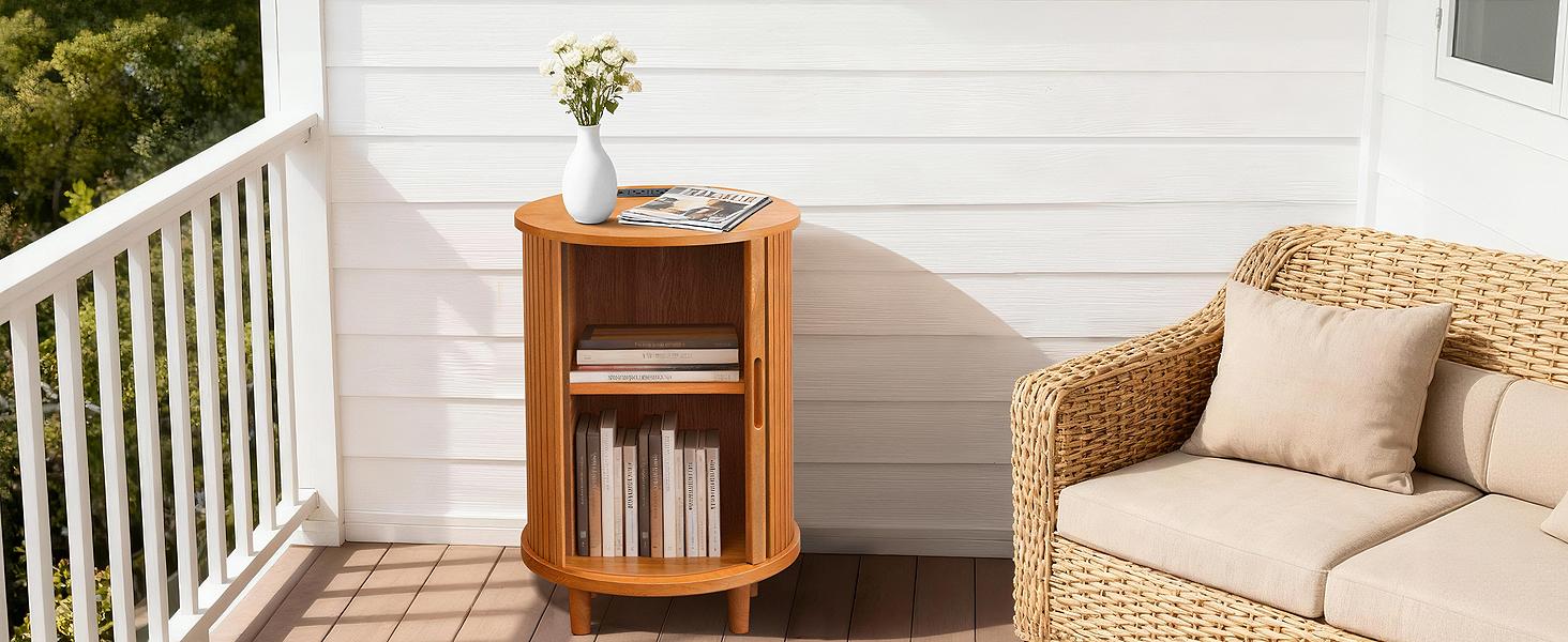 DHH Yellow Oak Round Nightstand with Hidden Storage & Power Strip, 2-Tier Circular Bedside Table with USB, Elegant Accents Table for Home Office & Entryway