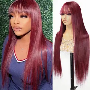 New Menglle Hair 99j Long Straight With Bangs Glueless Human Hair 13X4 Lace Front Wig Burgundy Silky Straight Lace Wig Easy Wear 180% Density Red Wine Color#TikTokShopBlackFriday