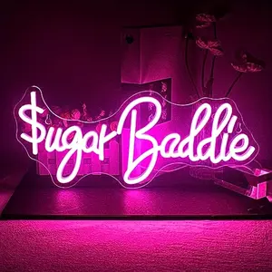 Sugar Baddie Neon Sign Pink Dollar LED Neon Wall Decor Monogram Light Up Sign Bedroom Kids Room Game Room Living Room Library Aesthetically Wedding Birthday Party Decor Teen Gift Led Neon Lights Neon Accent Lights