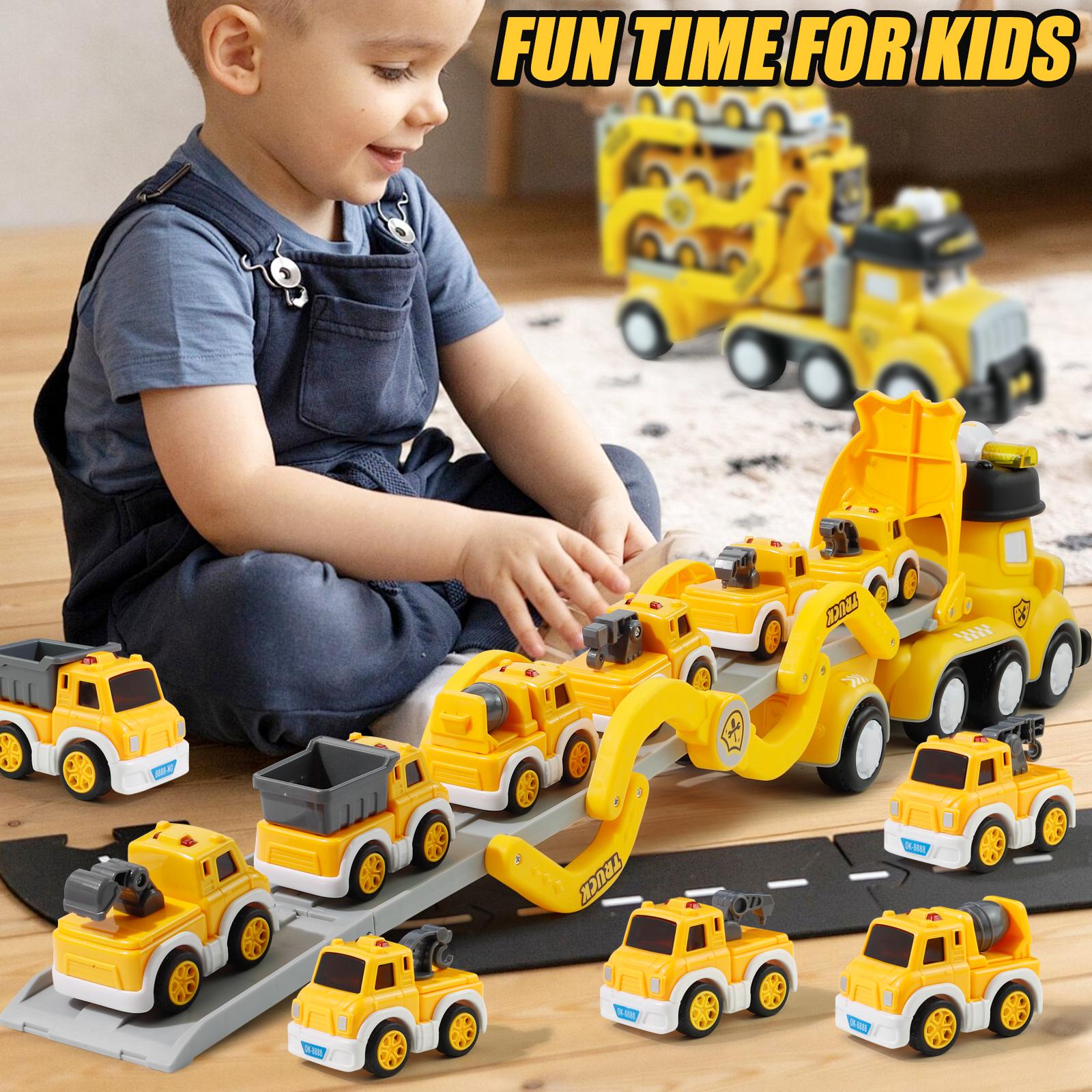 7-in-1 Transporter Car Carrier Truck Toy for Kids with  6 Mini Construction Vehicles, Track, Music, Lights