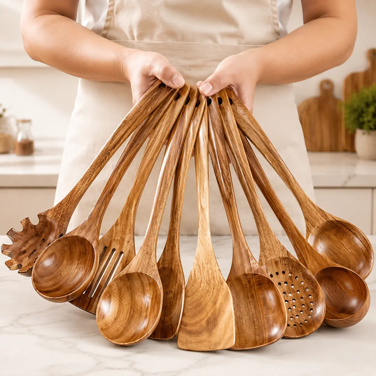 10-Piece Natural Wood Cooking Utensils Set, Heat-Resistant Ergonomic Handle Spoons & Spatulas, Compatible with Induction Stovetops for Home Daily Cooking Use