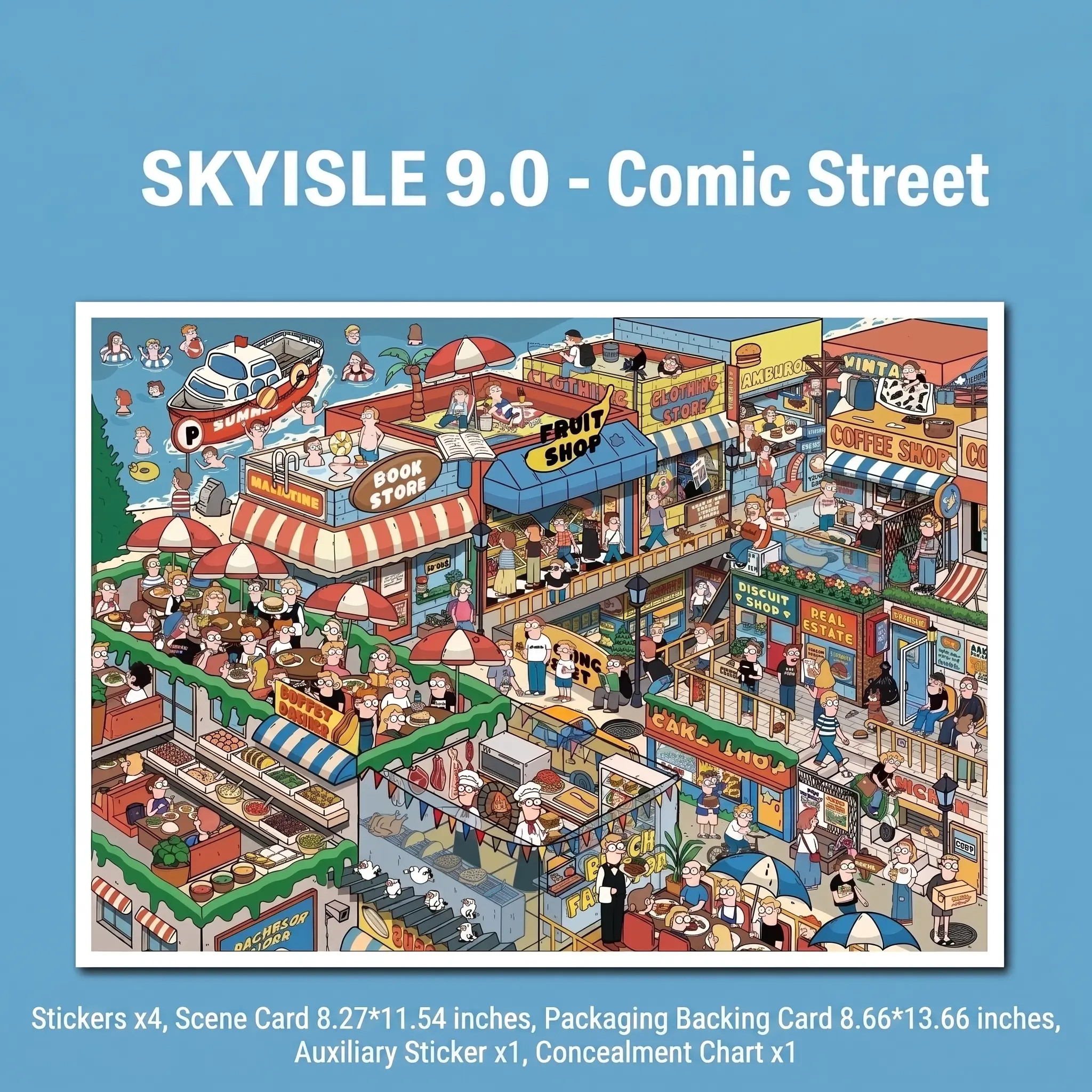 Vibrant manga-style beach downtown sticker set; oversized seaside market scene backdrop cards; pre-cut café, bookstore, fruit shop stickers; travel prop stickers; DIY layered coastal town 3D miniature handmade scenery (includes tweezers).