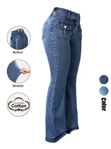 Women's Pocket Flare Leg Jeans, Casual Stretchy Comfy Bell Bottom Denim Trousers for Daily Wear, Ladies Bottoms for All Seasons