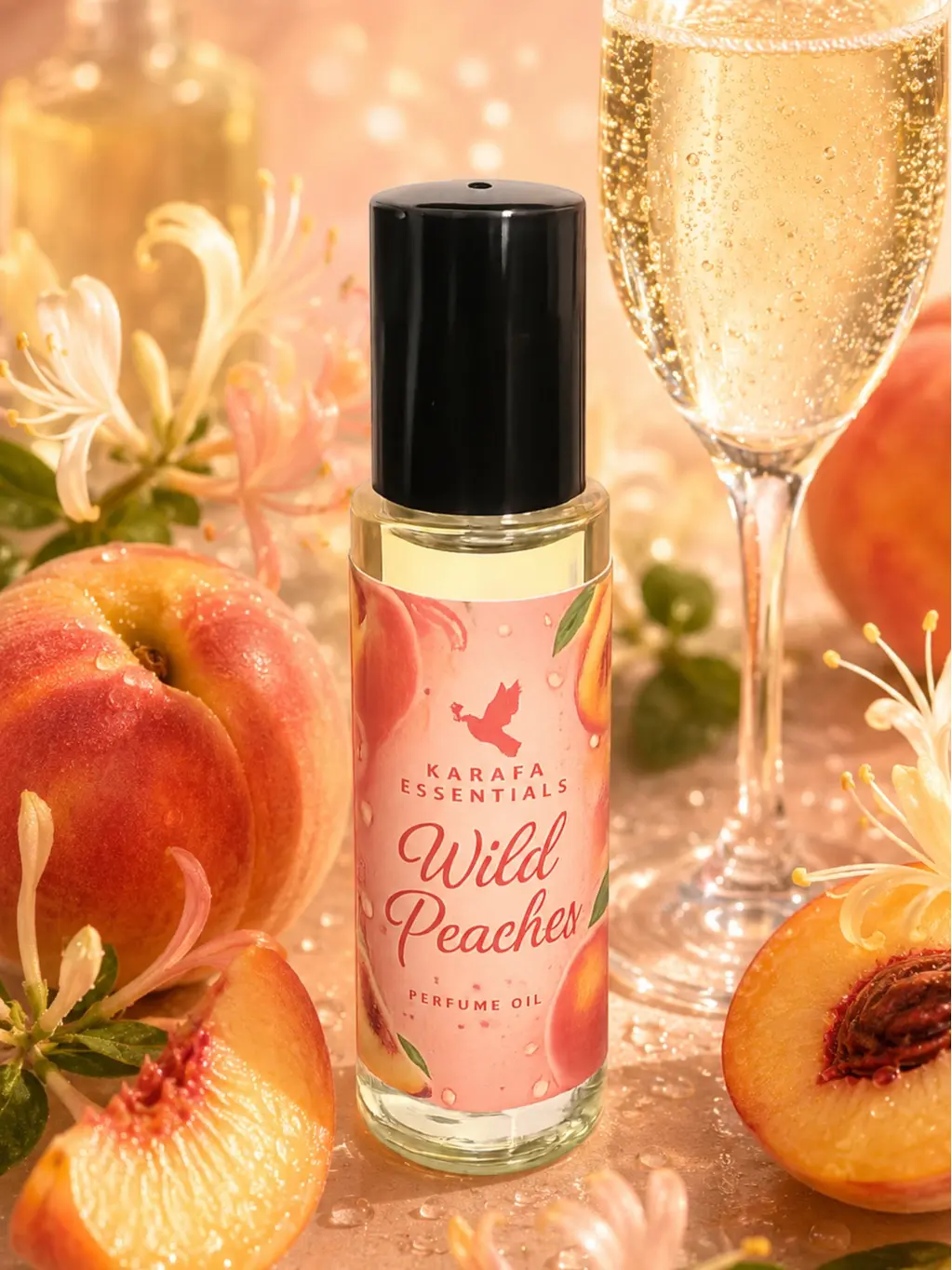 Wild Peaches Perfume Oil Rollerball Sparkling Prosecco, Peach, Apricot, Juicy Berry, Waterfruit, Honeysuckle, Magnolia, Wild Jasmine, Bergamot, Sugared Musk, Sandalwood, Teakwood by Karafa Essentials