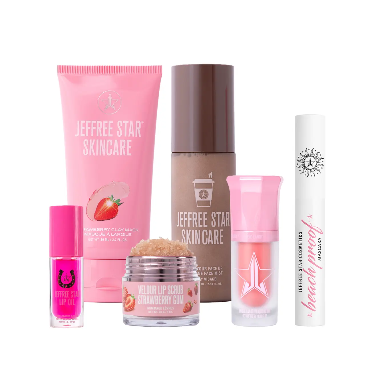 Star-Studded College Survival Kit: Lip Oil (Pink Cactus), Velour Lip Scrub (Strawberry Gum), Liquid Blush (Peach Bubblegum), BeachProof Mascara (Black), Strawberry Clay Mask & Caffeine Mist